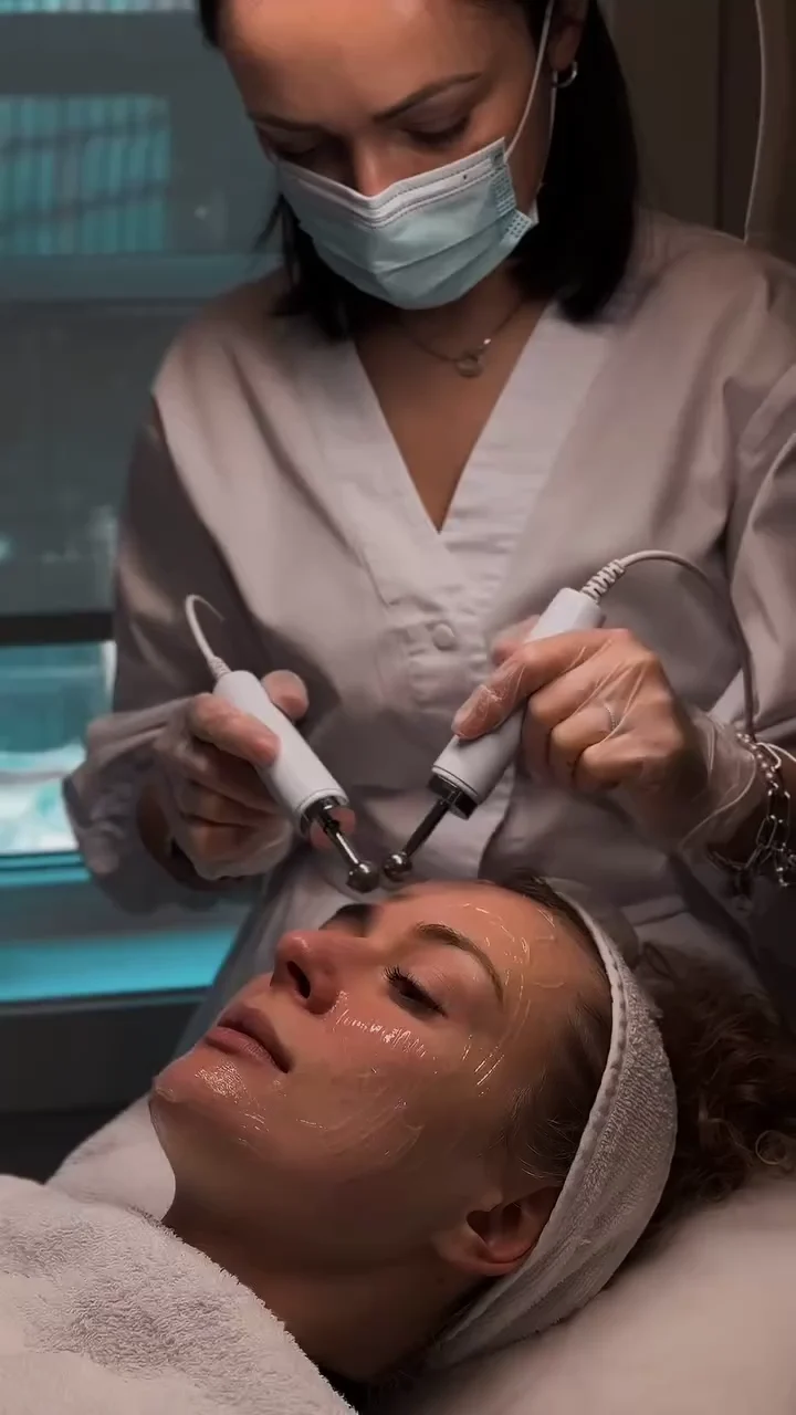 A practitioner using paired facial instruments during a treatment.